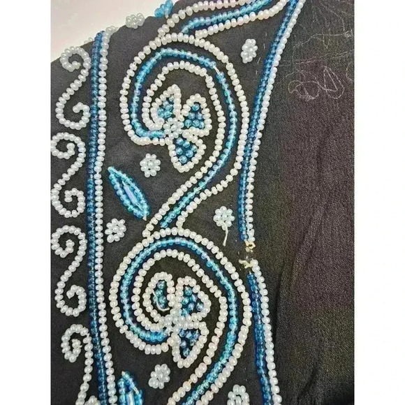 Vintage Women's Black Silk Blue Floral Beaded Sleeveless Shift Dress - Picture 10 of 16